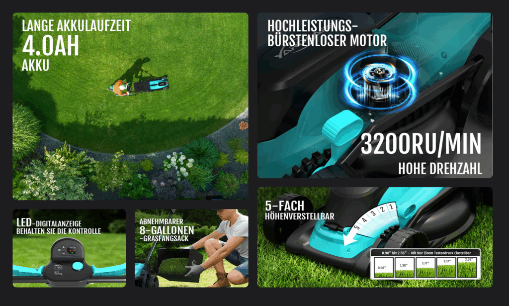 Eigenschaften Yardcare Akku-Rasenmäher Überblick