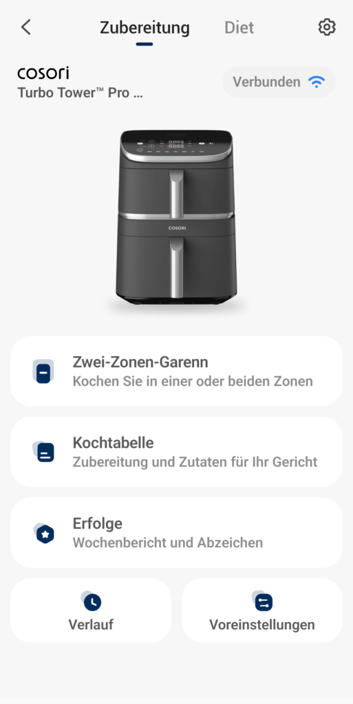 Übersicht des Airfryers in der App