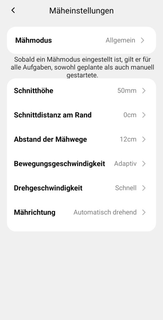 Detailreiche EInstellungen des TerraMow V600 Rasenmähers