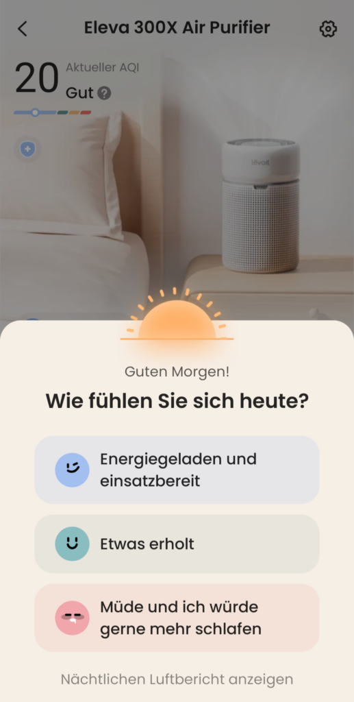 Die App VeSync erfragt den Erholungsgrad