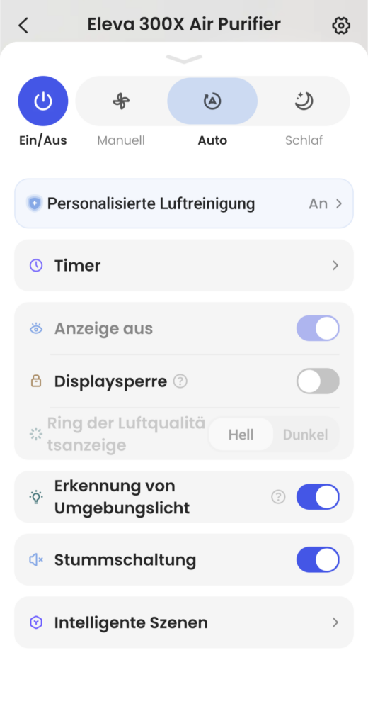 In der App von Levoit können alle Optionen gesteuert werden
